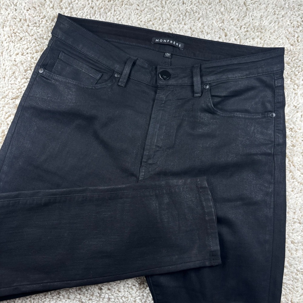 Monfrere Men Coated Skinny Jeans 34 Black Waxed Denim Slim Fit Rocker Streetwear